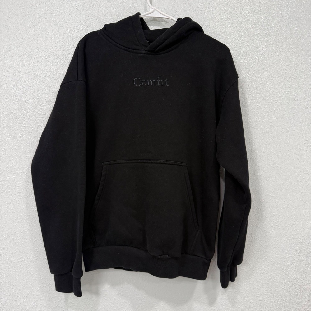 Comfrt Black Embroidered Logo Hoodie Sweatshirt Women Small Cotton Blend Fleece